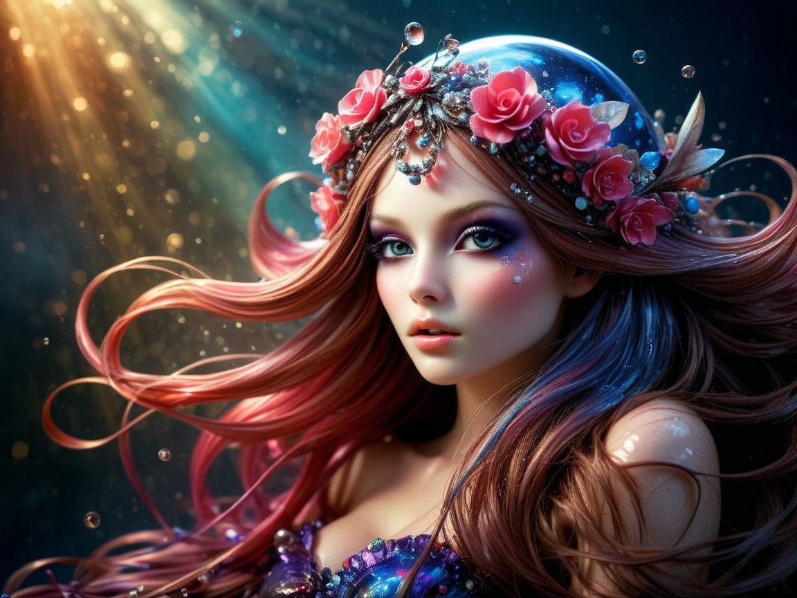 Mermaid Digital Artwork with Iridescent Hair and Flowers