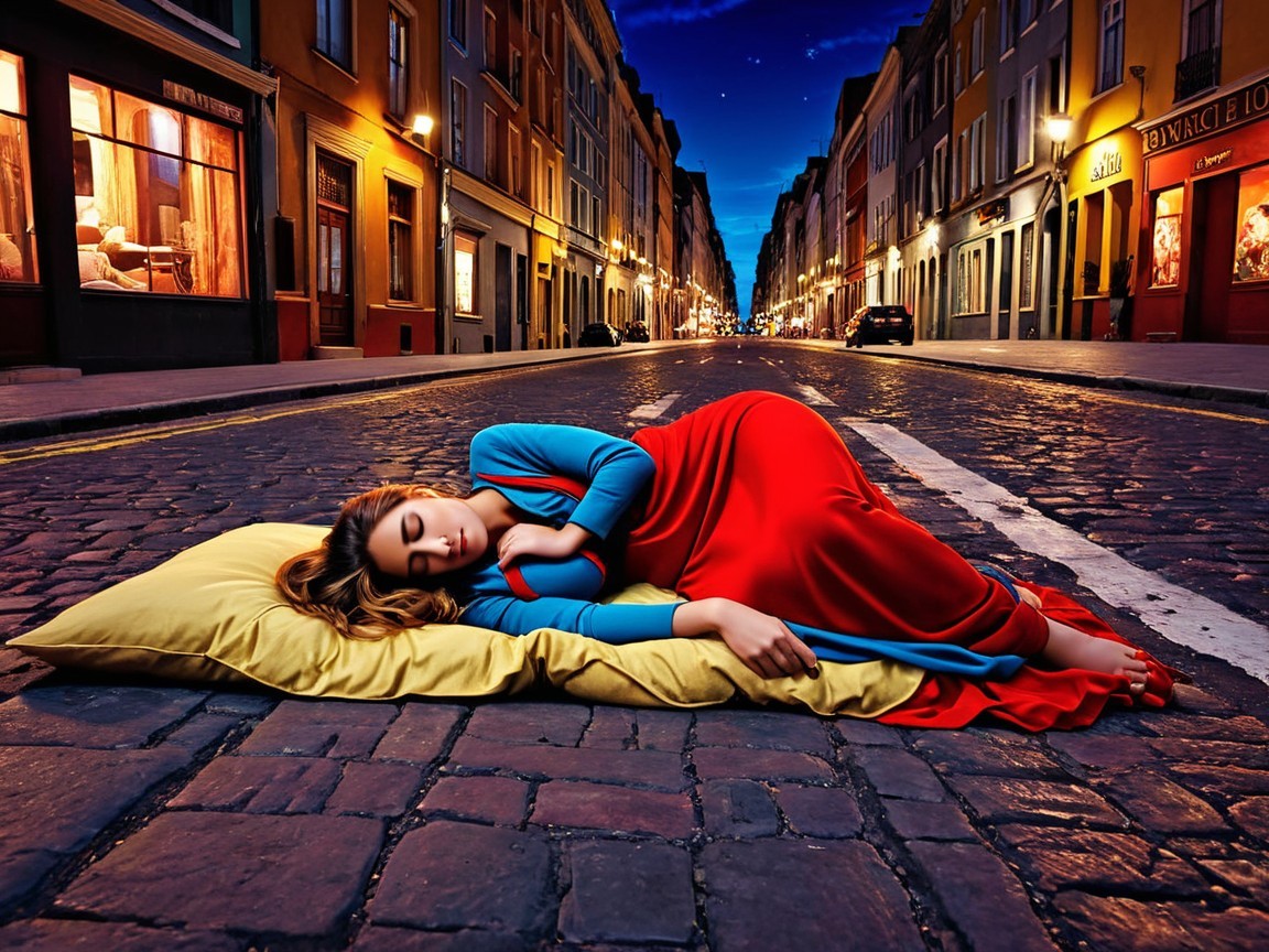 Woman in red dress on yellow pillow at dusk