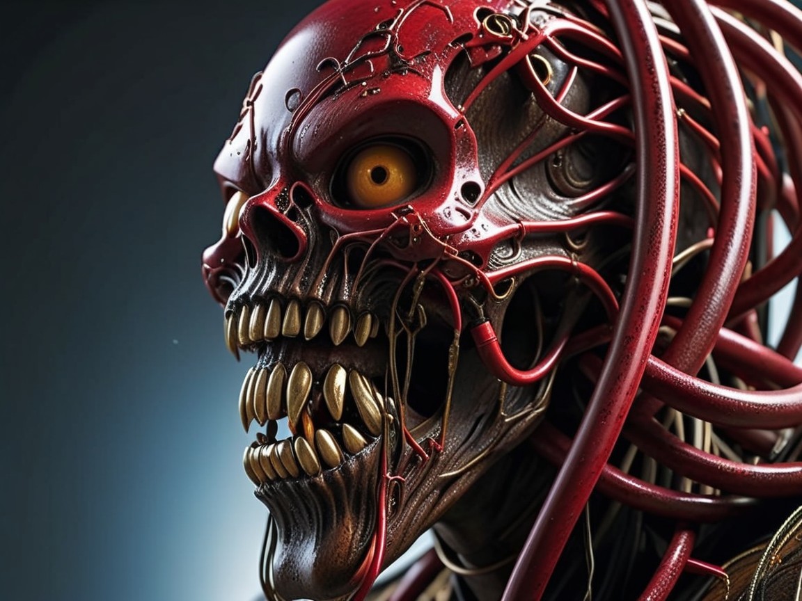 Cybernetic Skull with Glossy Red Exterior and Wires