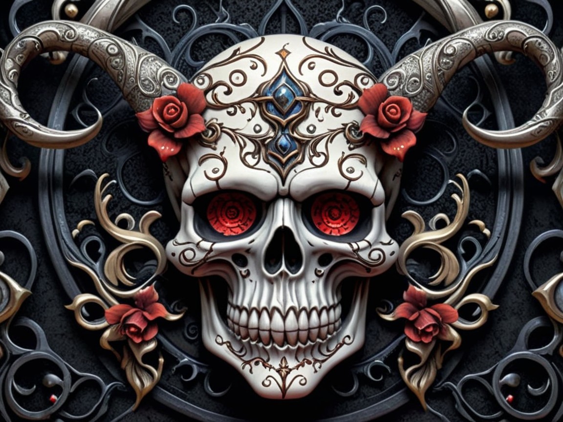 Ornate skull with horns and red roses on dark background