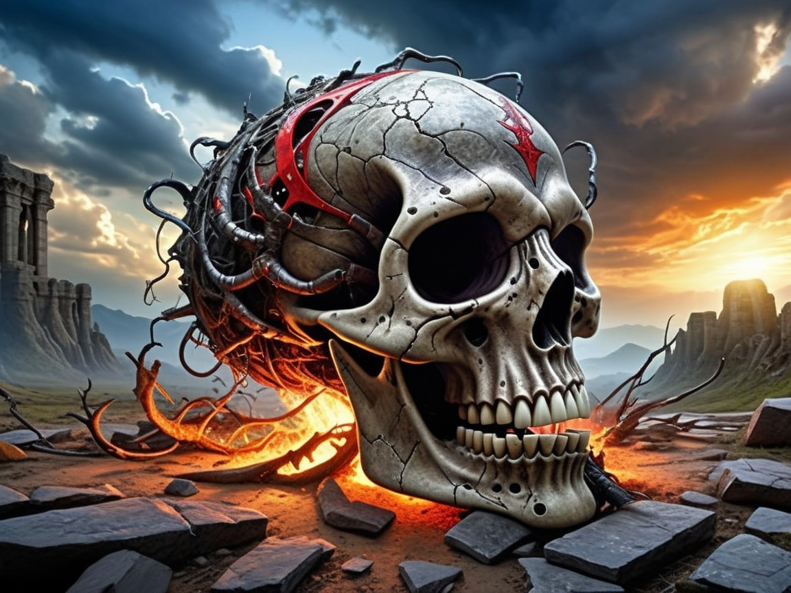 Massive Cracked Skull Entwined with Thorny Vines