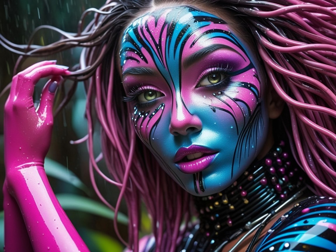 Portrait of a model with vibrant face paint and bold hair