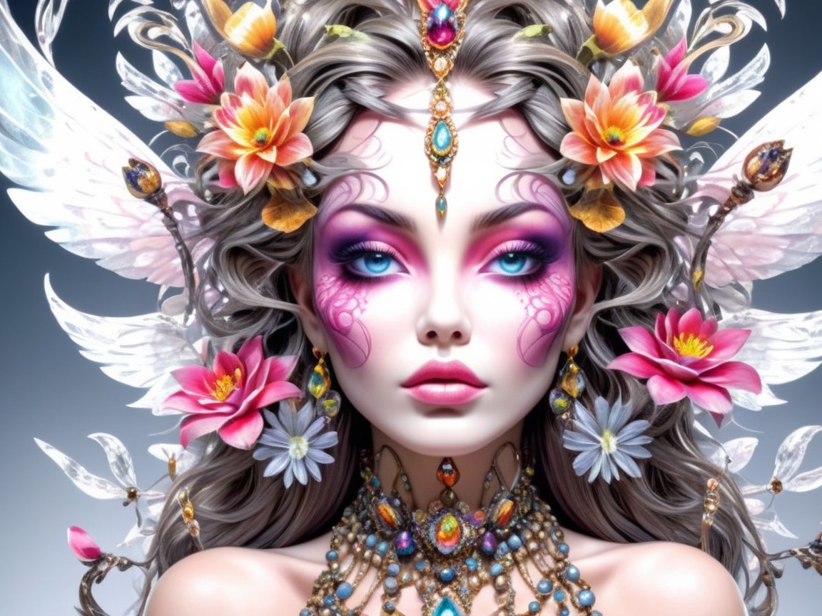 Portrait of a mythical figure with flowers and wings
