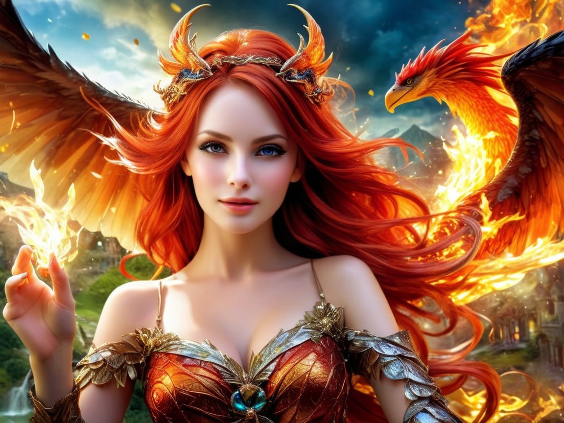 Majestic woman in ornate outfit with phoenix companion