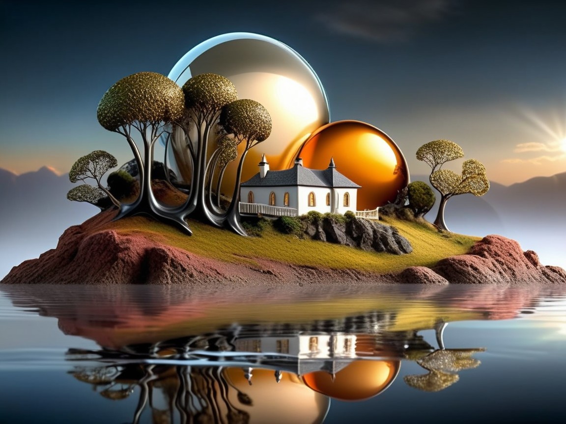 Dreamlike Island Scene with Reflective Water and Trees