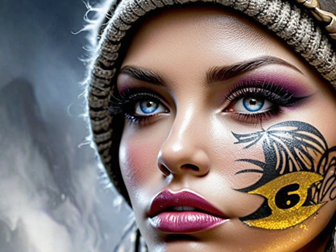 Glamorous Woman with Blue Eyes and Bold Makeup