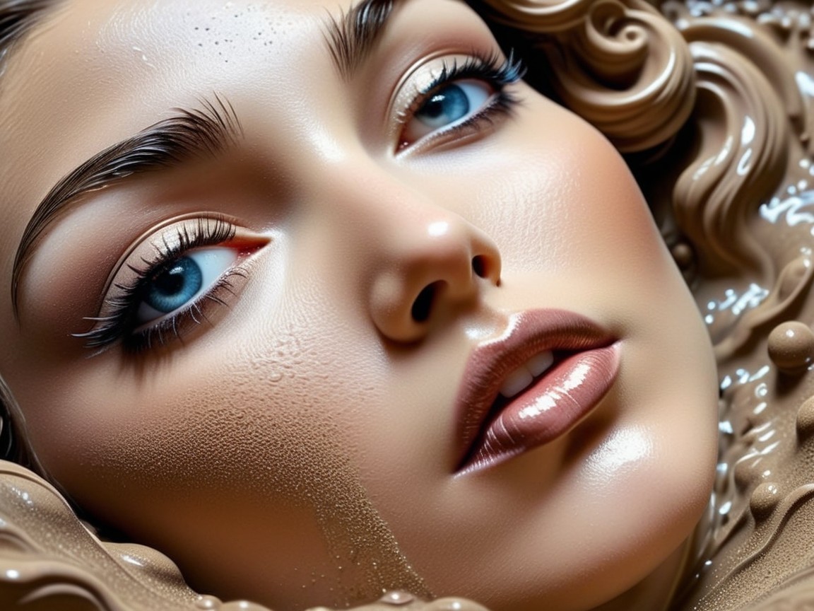 Close-up of a serene face in creamy substance