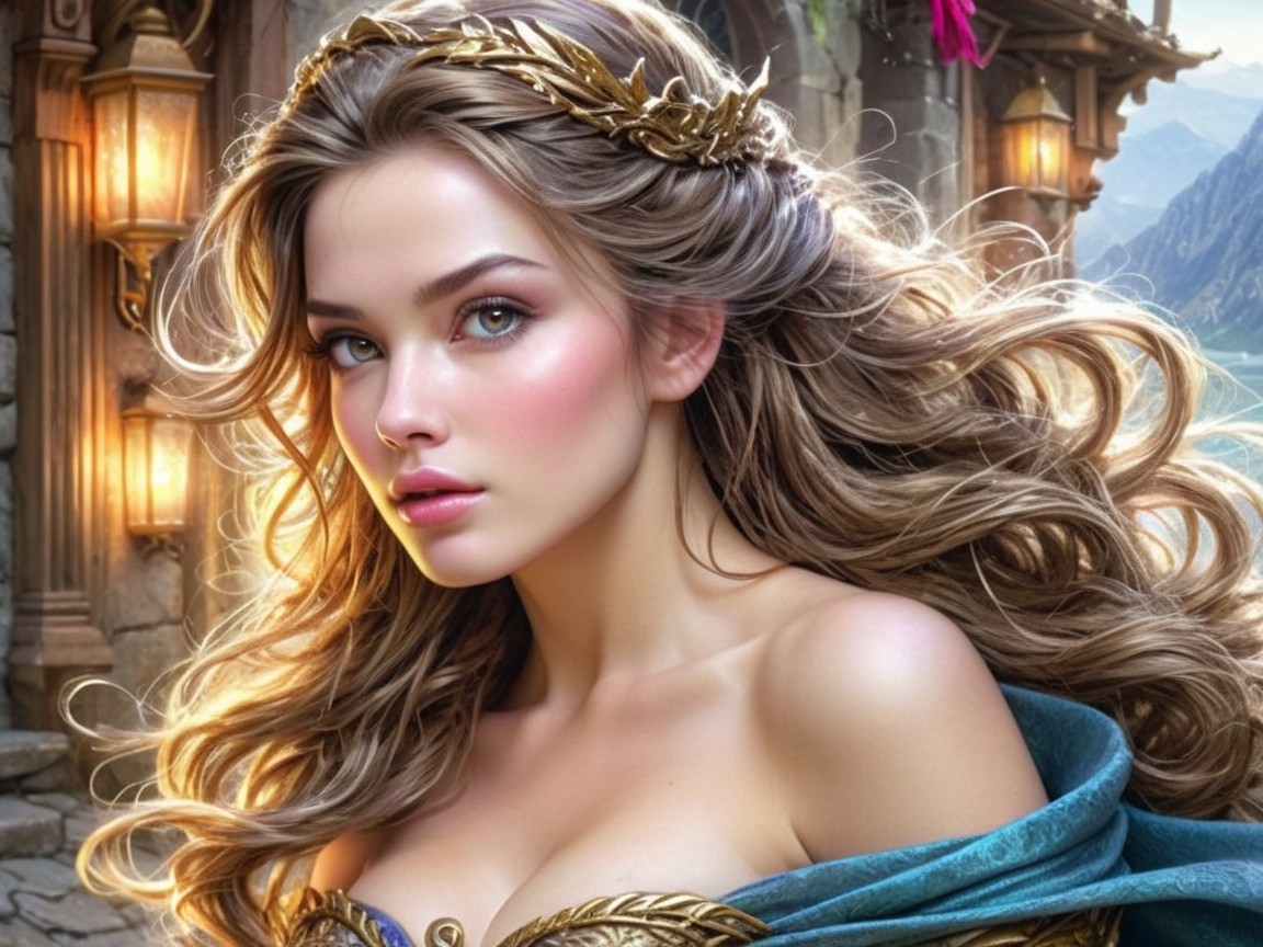 Young woman in elegant teal outfit with golden headpiece
