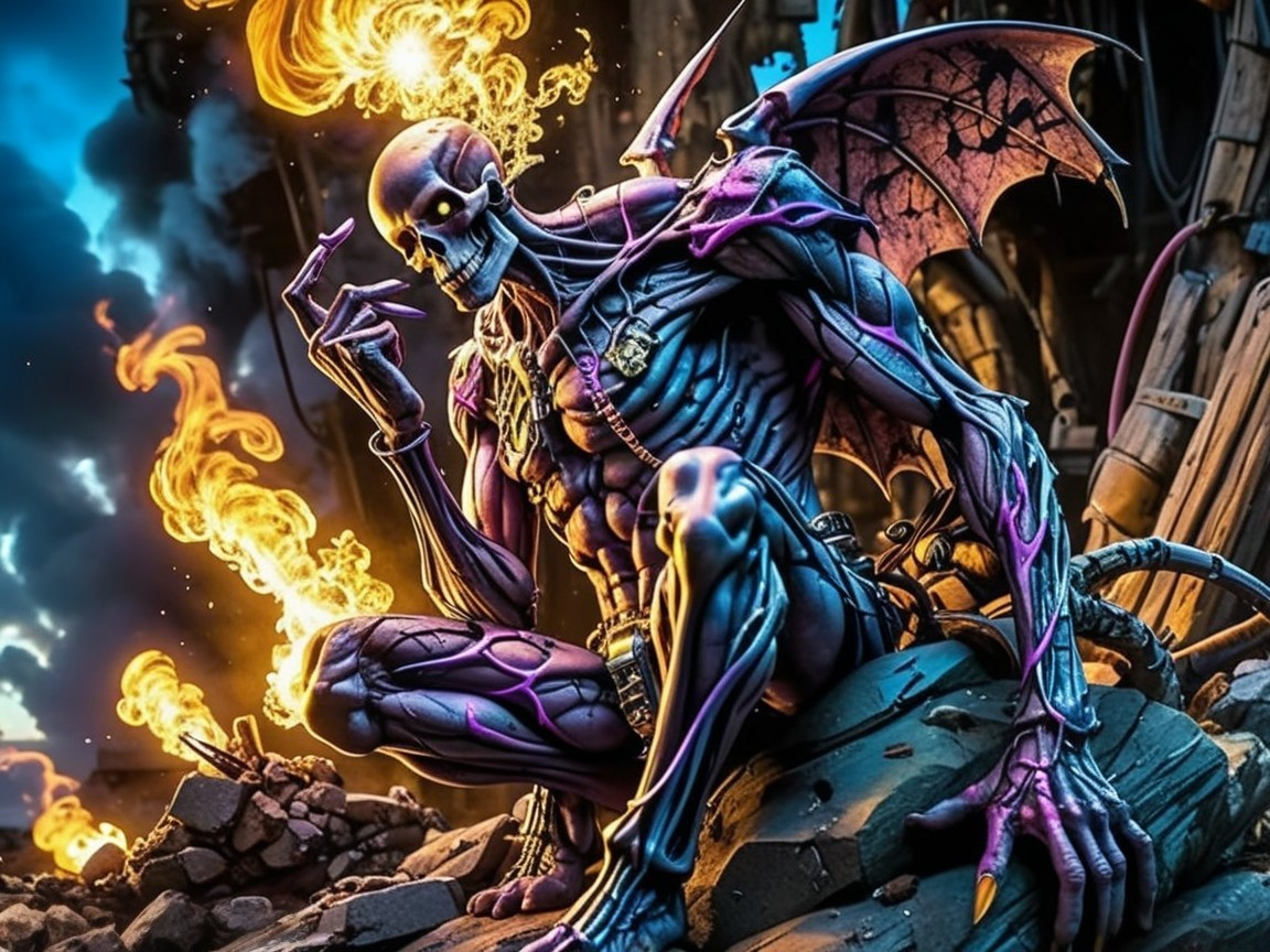 Vibrant Skeleton with Glowing Skin and Wings Amid Rubble