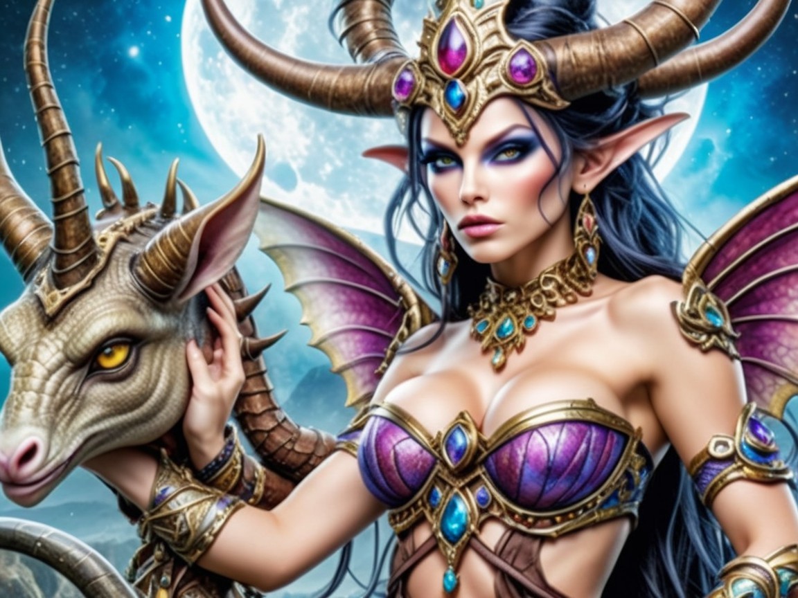 Mystical Fantasy Scene with Female Figure and Dragon