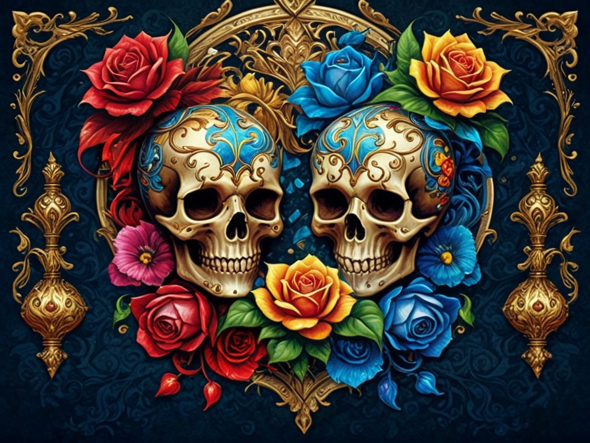 Intricate Art Piece with Ornate Skulls and Flowers