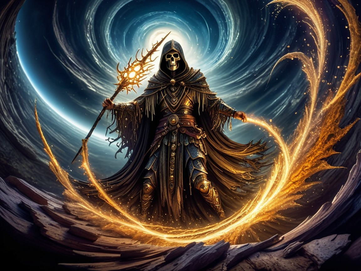 Mystical Figure with Skull Mask in Cosmic Landscape