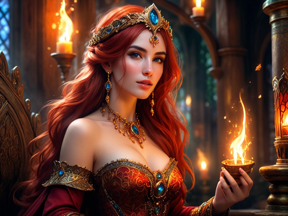 Regal Woman on Throne with Red Hair and Flames