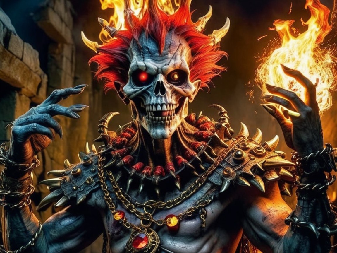 Skeletal Figure with Flame Hair in Eerie Setting