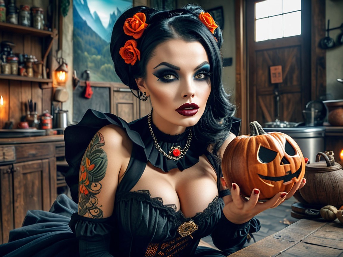 Vintage-Inspired Woman in Rustic Kitchen with Pumpkin