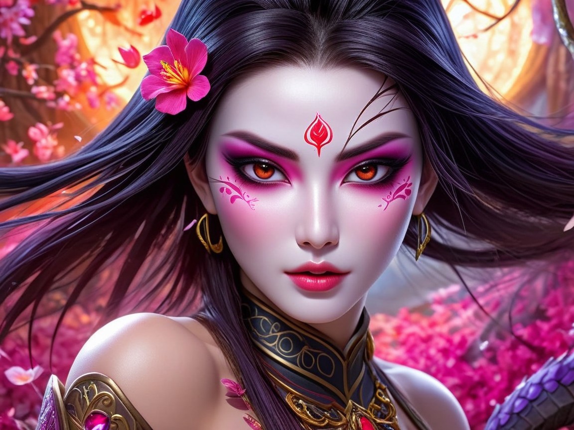 Female figure in ornate armor with floral background
