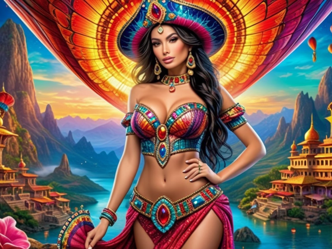 Vibrant Figure in Jewel-Adorned Attire with Nature Backdrop