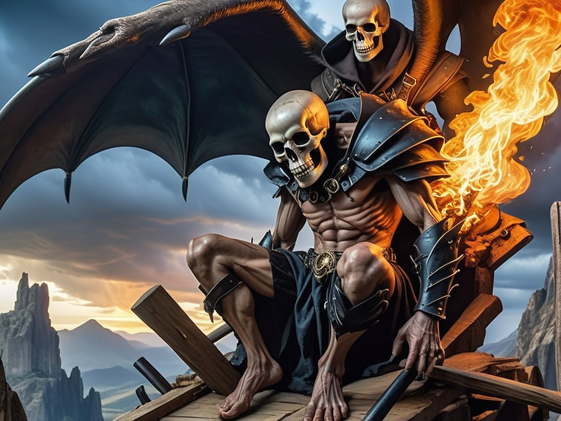 Muscular Figure in Dark Armor on Throne with Skeleton