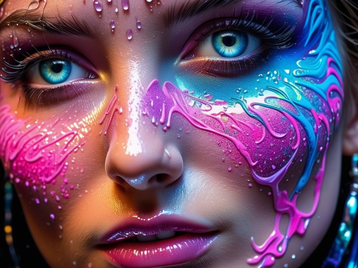 Close-up of a woman's face with vibrant paint details