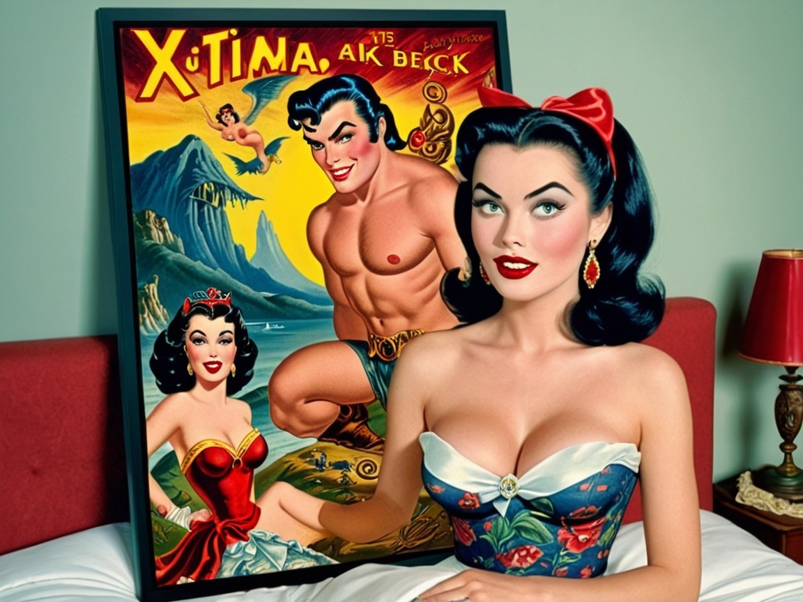 Glamorous Woman in Vintage Dress with Comic Poster