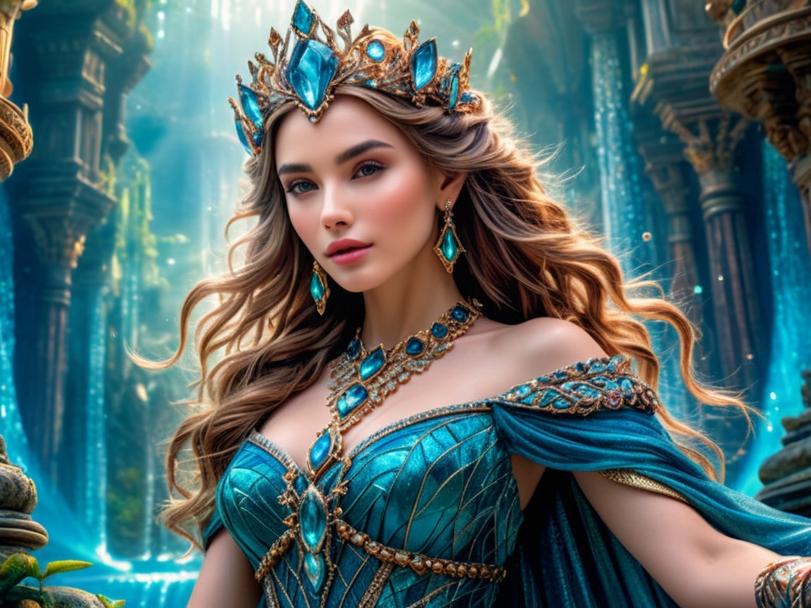 Regal Woman in Turquoise Gown in Mystical Forest