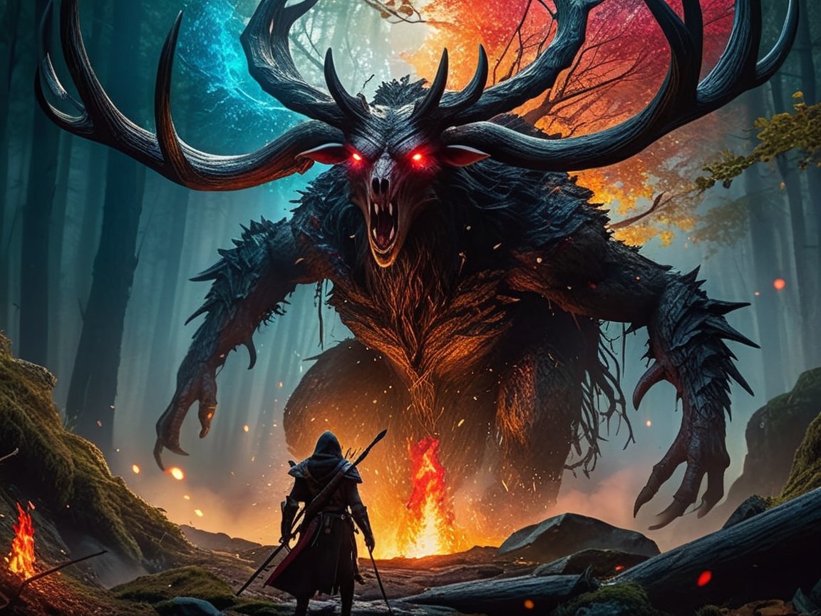 Mystical Forest Showdown with Towering Creature