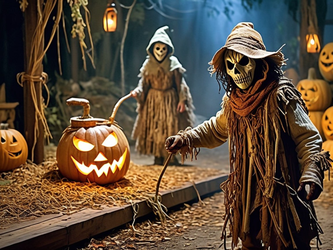 Spooky Figures with Jack-o'-Lanterns in Dark Setting