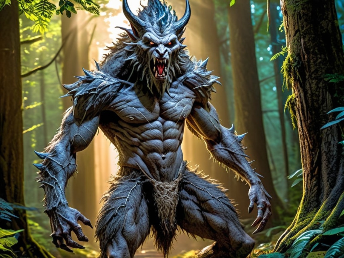 Muscular Creature in Dense Forest with Glowing Eyes