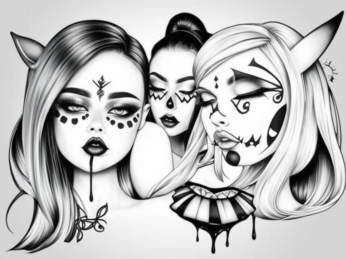 Black-and-white illustration of stylized female figures