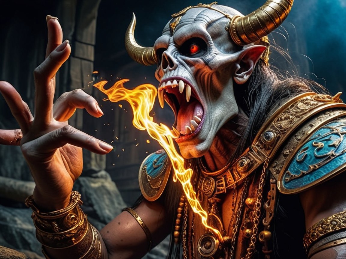 Demonic Figure in Golden Armor with Flames and Horns