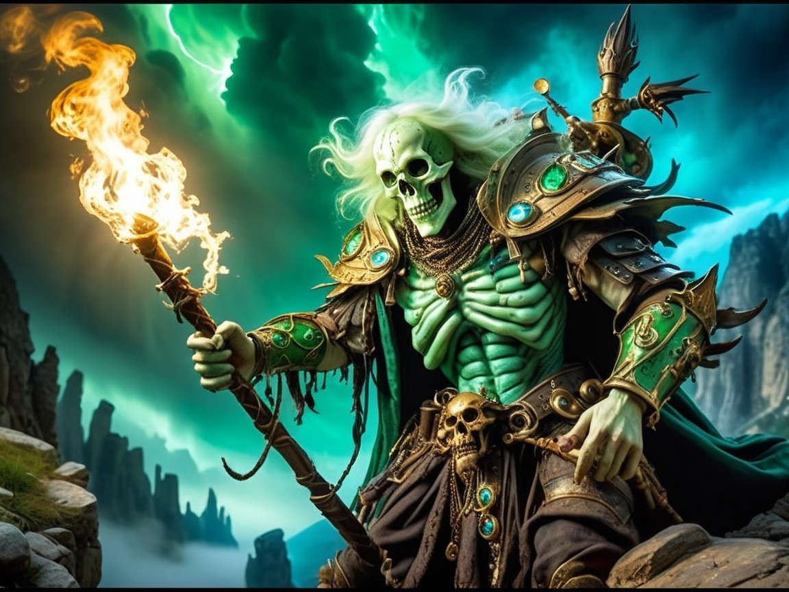 Skeletal Figure in Armor with Fiery Staff and Stormy Sky