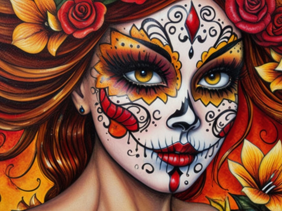 Colorful Painting of Woman with Sugar Skull Makeup