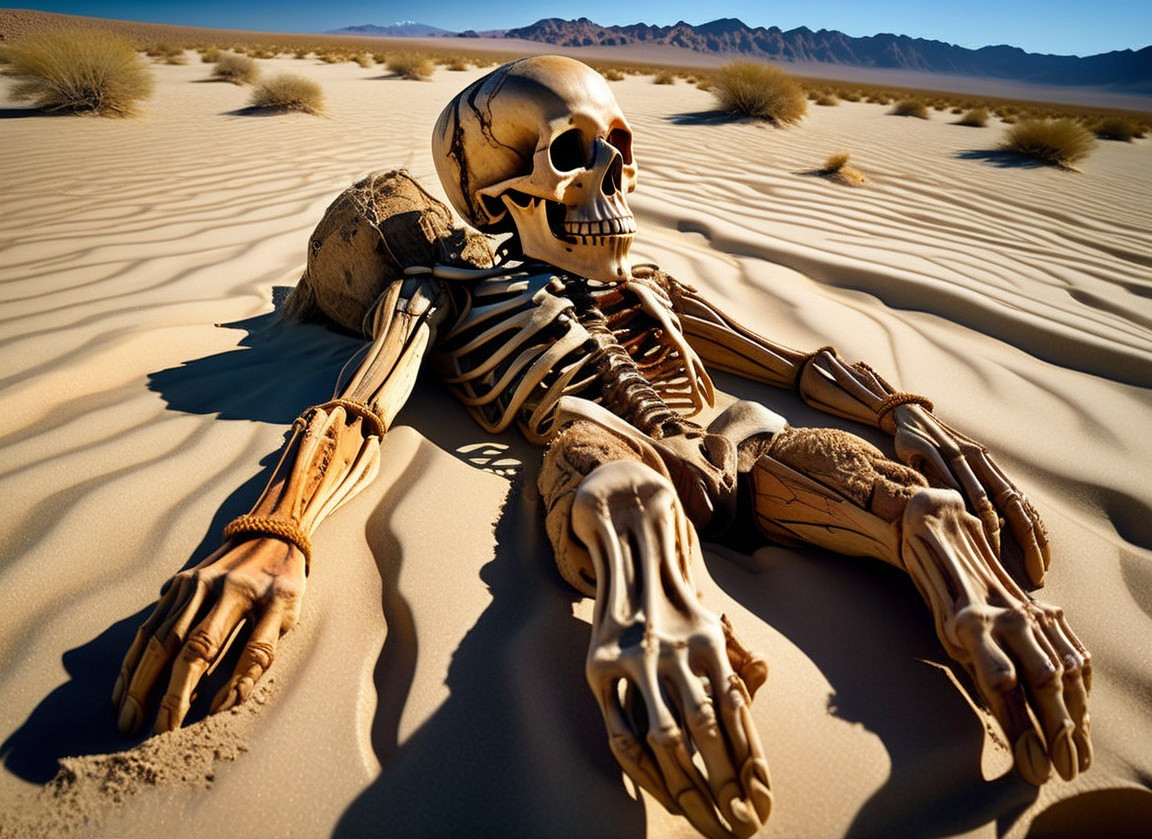 Skeletal Figure in Desert Landscape with Dunes and Sky