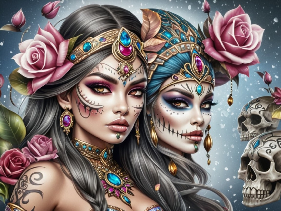 Enchanting Women with Intricate Makeup and Jewelry