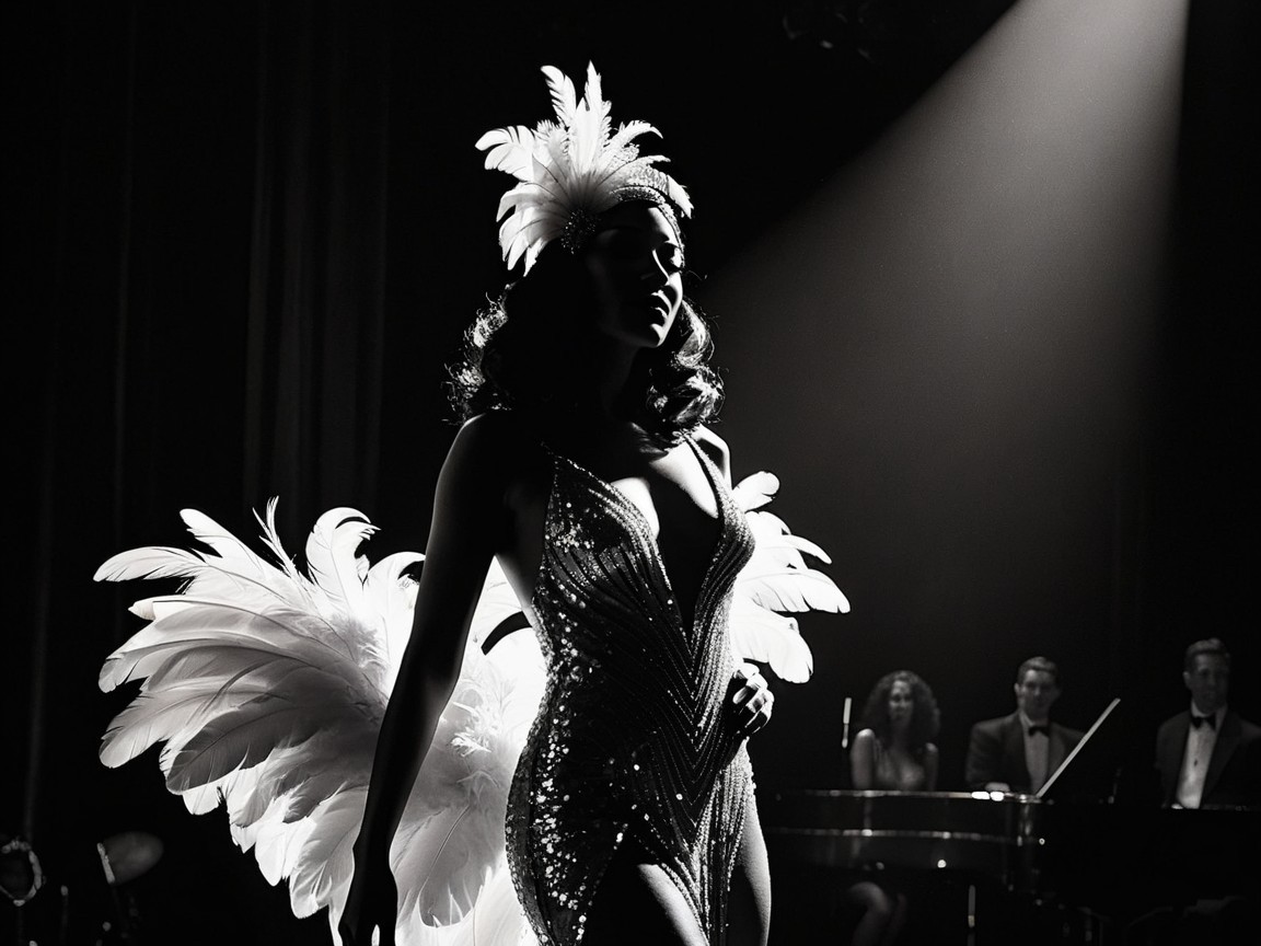 Black and white image of a glamorous performer on stage