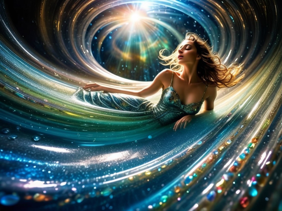 Ethereal Figure in Flowing Gown Amidst Colorful Light