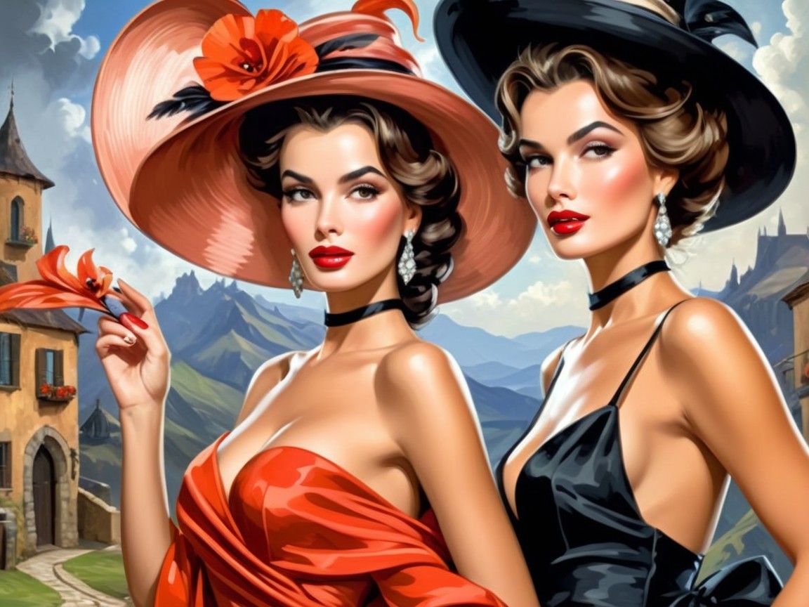 Elegant Women in Vibrant Hats Against Scenic Backdrop
