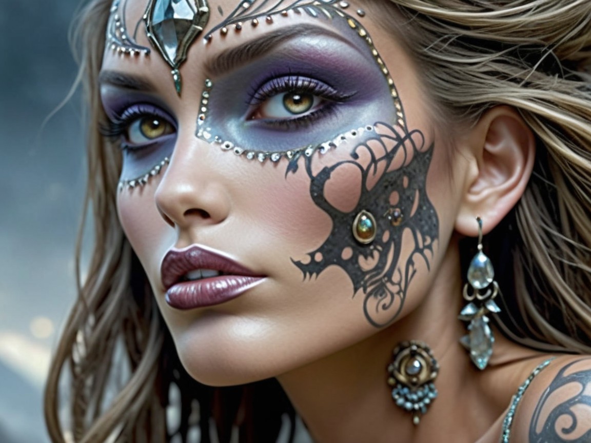 Portrait of a Woman with Intricate Makeup and Jewelry
