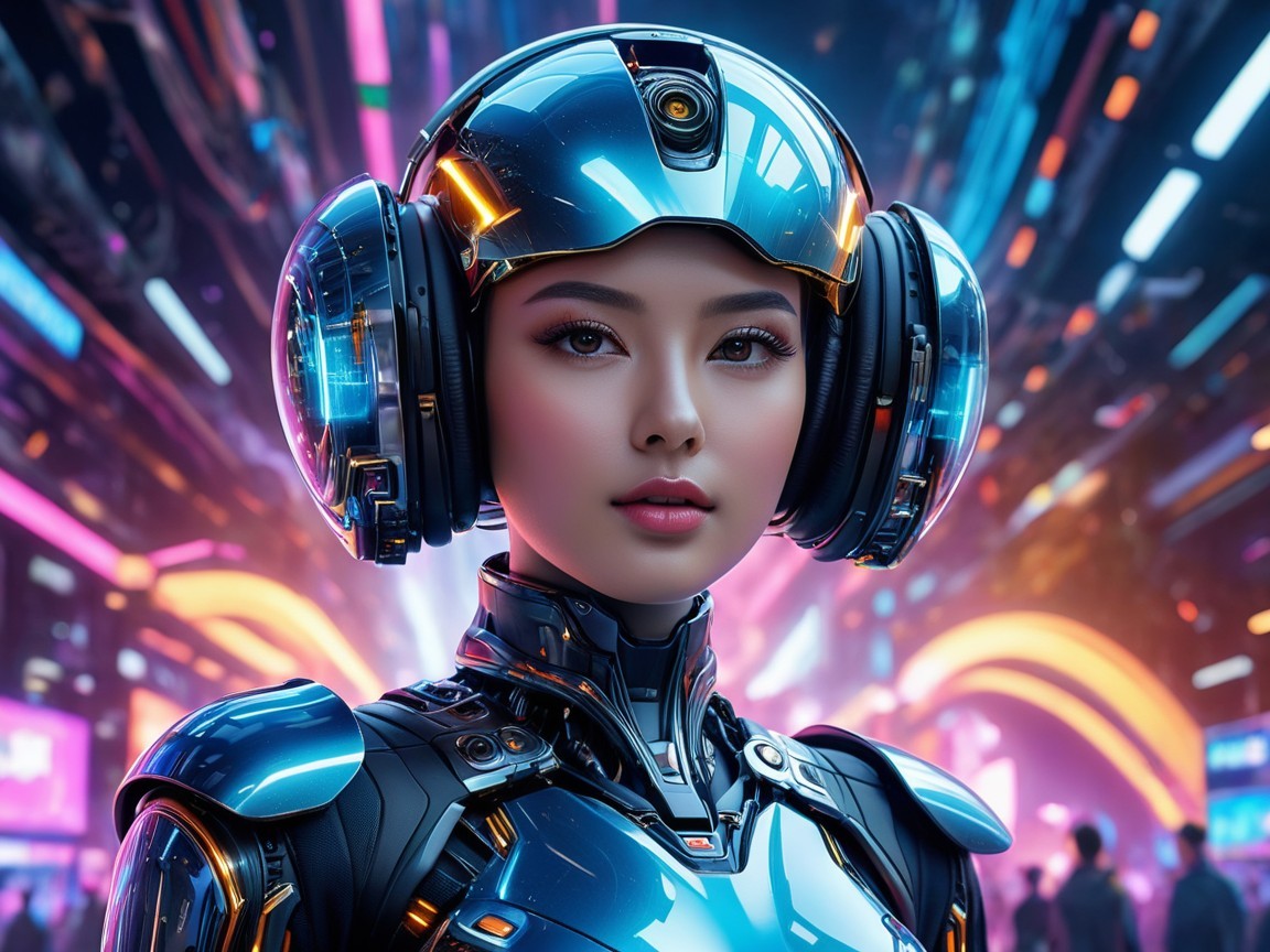 Futuristic Female Cyborg in Neon Cyberpunk Setting