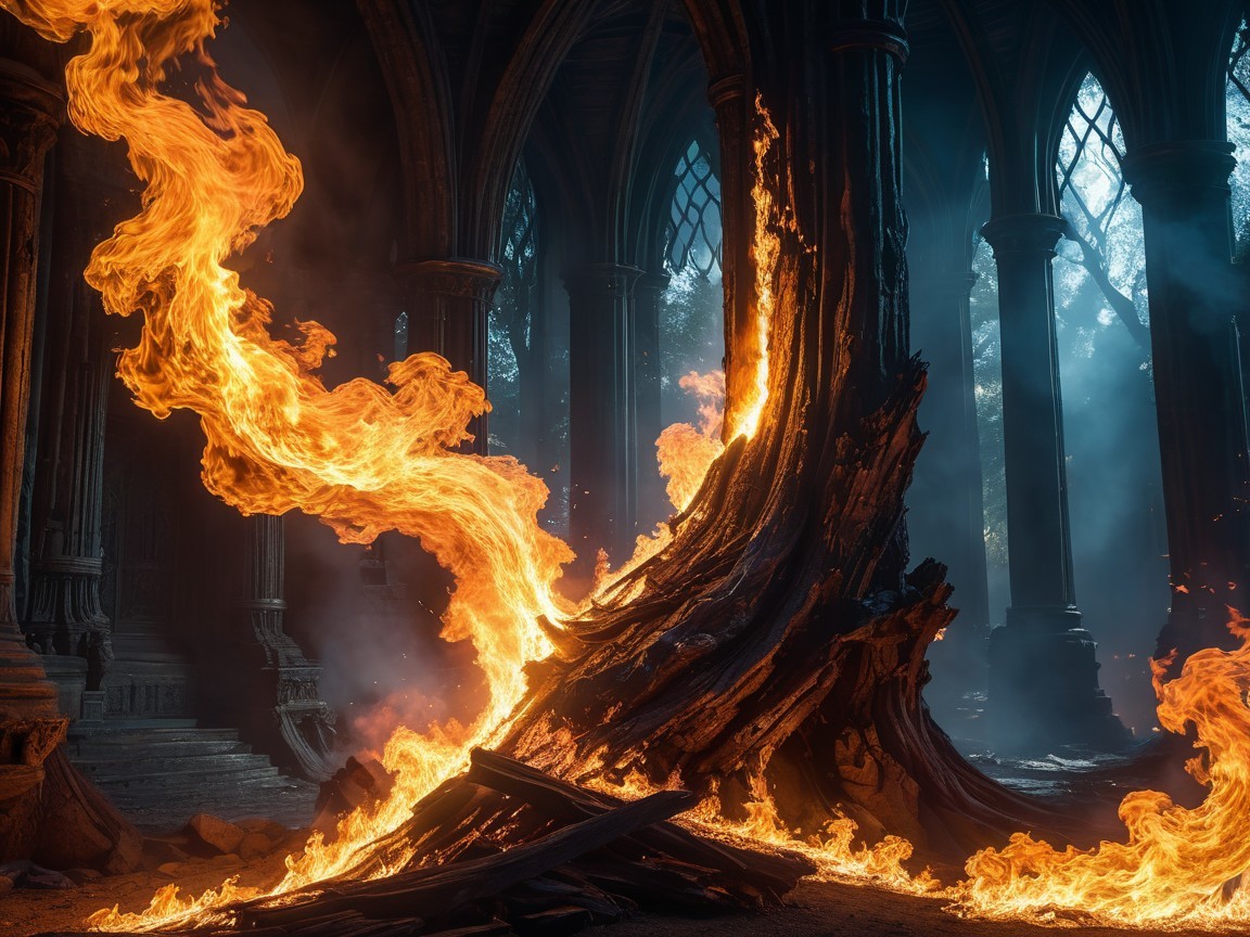 Twisted Tree and Flames in a Shadowy Cathedral