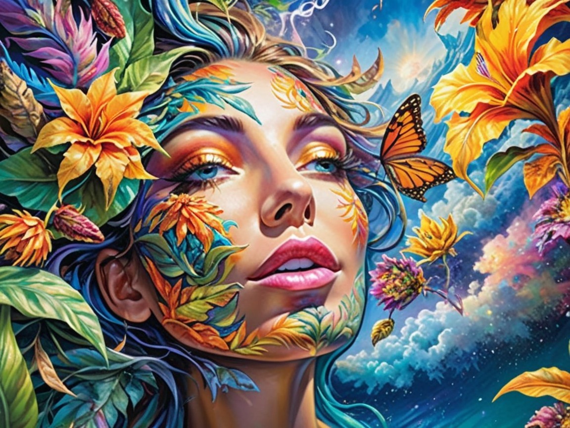 Woman Surrounded by Colorful Flowers and Butterflies