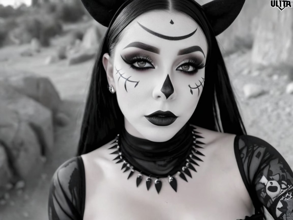 Black-and-White Portrait of a Woman with Face Makeup