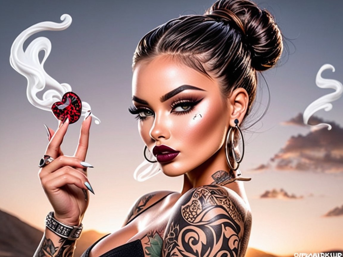 Glamorous Woman with Heart Object and Dramatic Setting