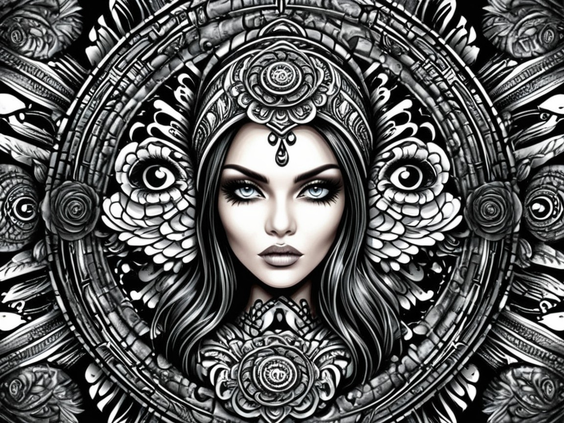Monochromatic Illustration of a Woman with Headdress