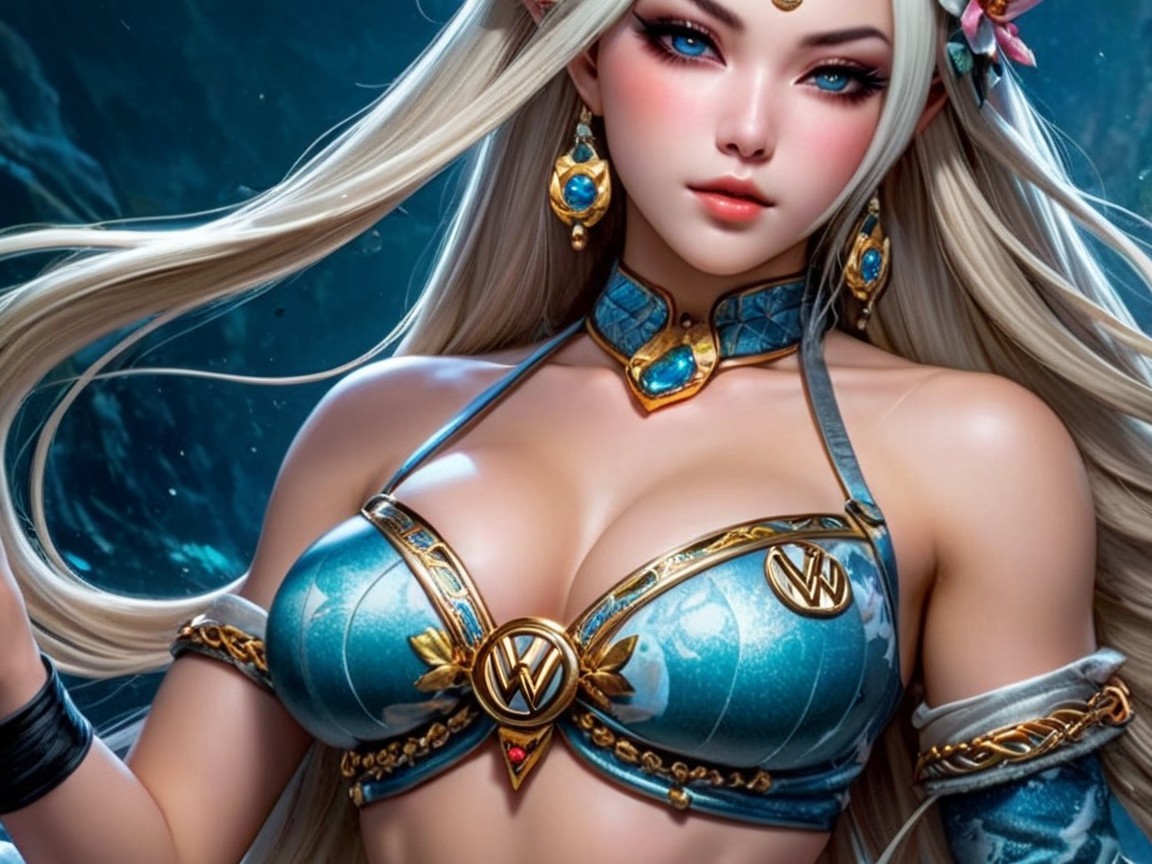 Fantasy Character in Blue and Gold Underwater Setting
