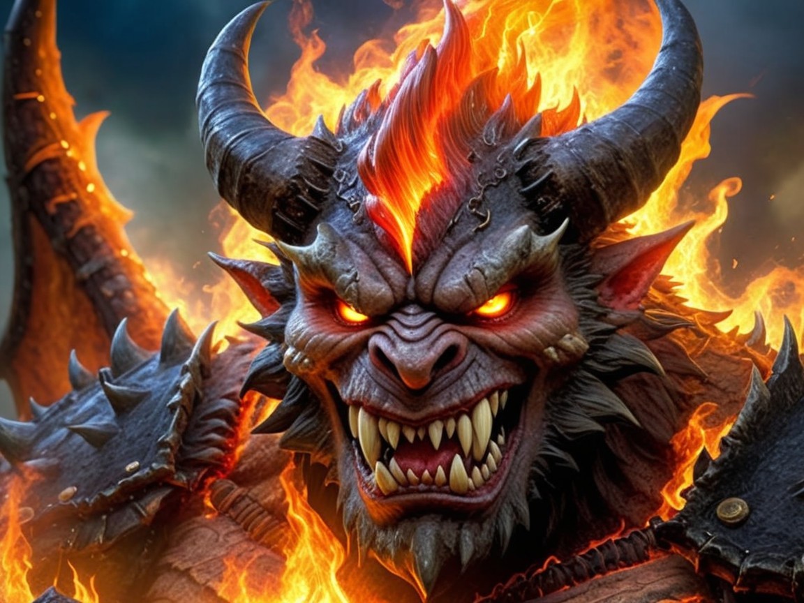 Horned Demon in Flames with Glowing Eyes and Armor
