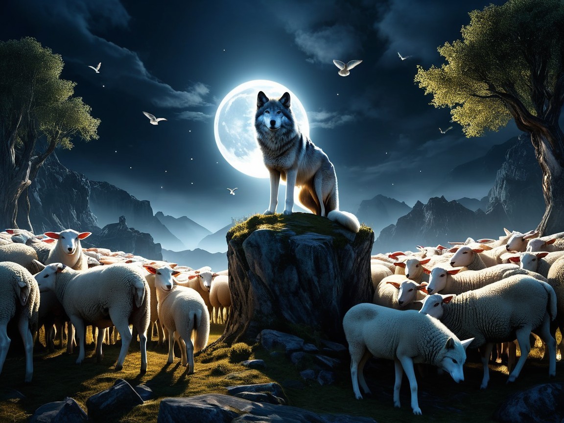 Wolf on Rock Under Full Moon with Sheep Below