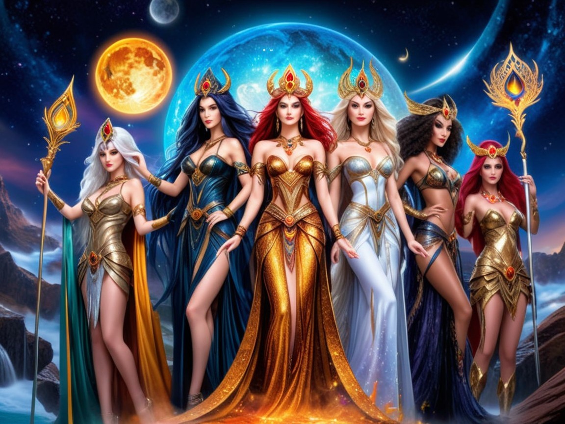 Elegant Women in Colorful Gowns Under Starry Sky
