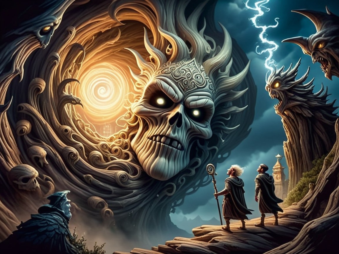 Colossal Skull Surrounded by Ethereal Light and Shadows