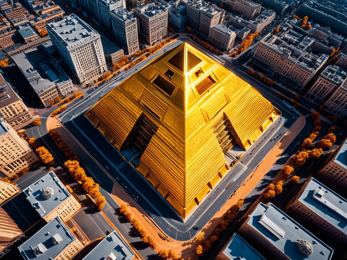 Aerial View of Golden Pyramid Amid Urban Architecture